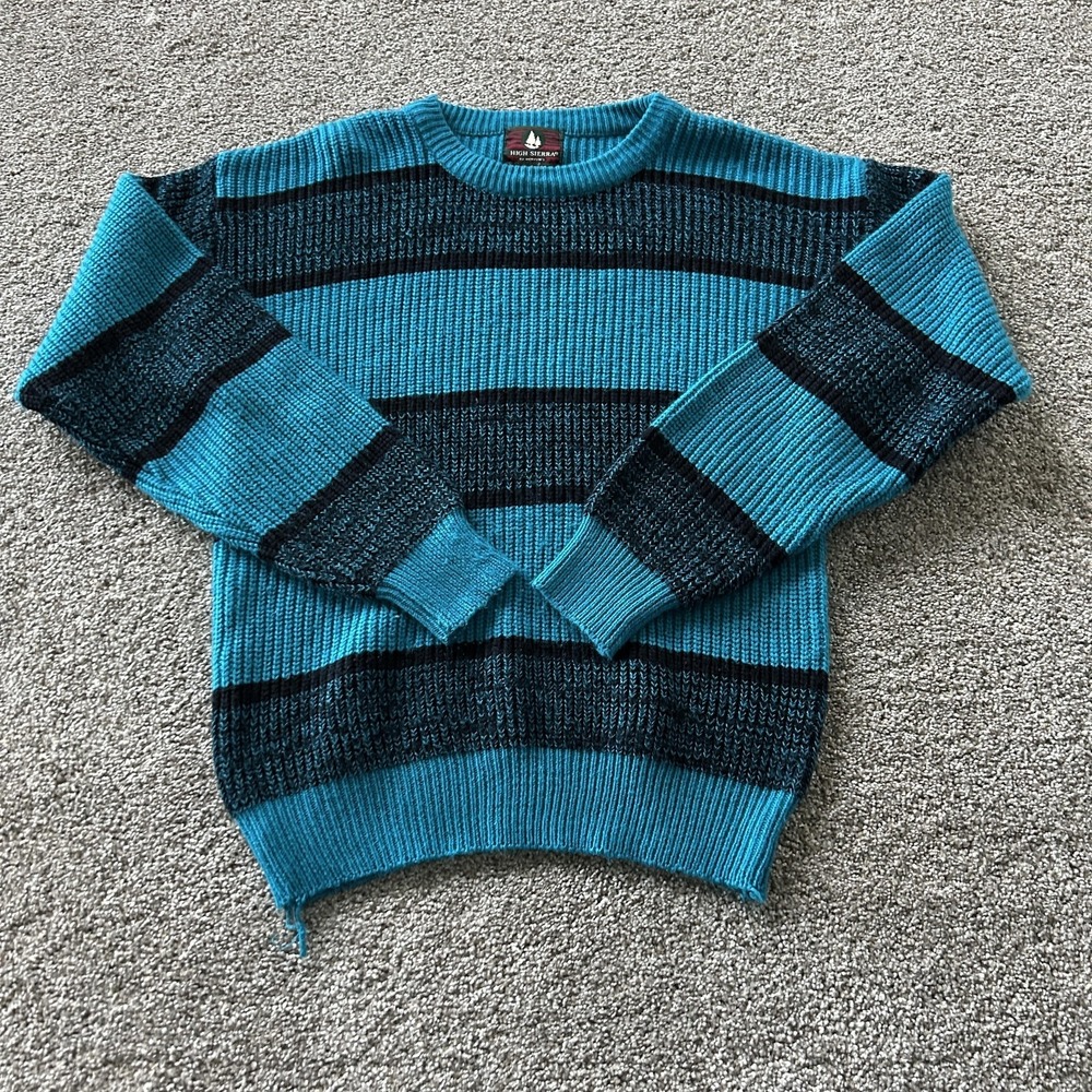 Vintage High Sierra Sweater Mens Medium Blue Striped Knit Crewneck Pullover